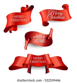Realistic Red paper banners set. Merry Christmas. Vector illustration