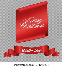 Realistic Red paper banners set. Merry Christmas. Vector illustration