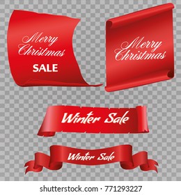 Realistic Red paper banners set. Merry Christmas. Vector illustration