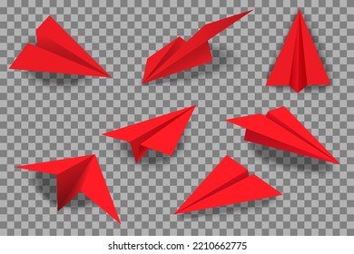 Realistic red paper plane and origami red airplane icon set. 3D model of planes isolated on transparent background.vector in eps 10