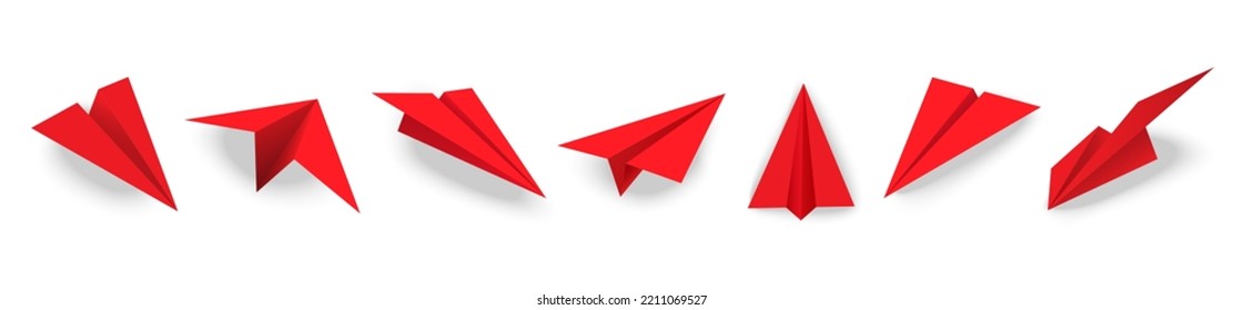 Realistic red paper plane and origami red airplane icon set. 3D model of planes isolated on white background.vector in eps 10