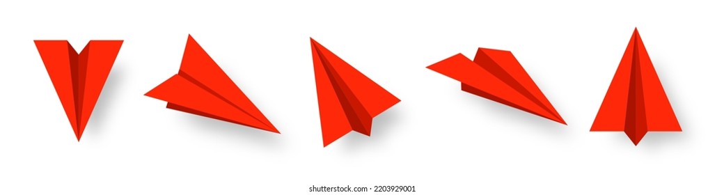 Realistic red paper planes collection. Handmade origami aircraft in flat style. Paper toy for a child. Business concept element, project startup and goal achievement. Vector illustration
