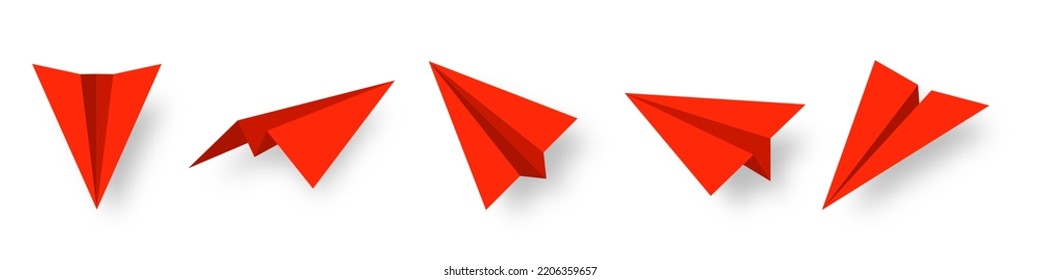 Realistic red paper planes collection. Handmade origami aircraft in flat style. Paper toy for a child. Business concept element, project startup and goal achievement. Vector illustration