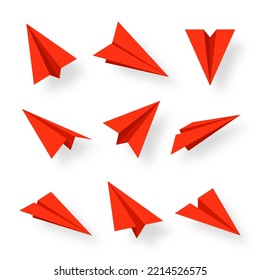 Realistic red paper planes collection. Handmade origami aircraft in flat style. Paper toy for a child. Business concept element, project startup and goal achievement. Vector illustration