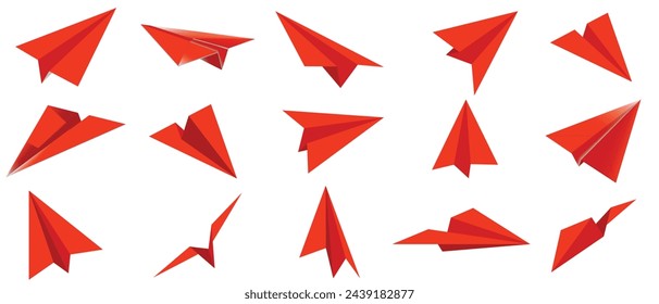 Realistic red paper planes collection. Handmade origami aircraft in flat style. Paper toy for a child. Business concept element, project startup and goal achievement.