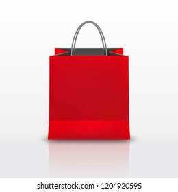 Realistic red Paper shopping bag with handles isolated on white background. Vector illustration.