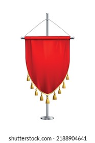 Realistic red pennant with golden fringe on steel pole vector illustration