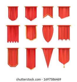 Realistic red pennant textile flag, heraldic template. Advertising canvas empty banners. Samples on pole stand, fabric textile pedestal realistic. Hanging wall pennat mockup. Vector illustration.