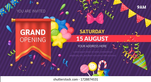 Realistic red pennant textile flag, grand opening label. Advertising canvas opening banners. Hanging wall pennant mockup. Party invitation, flyer template vector illustration