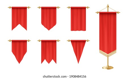 Realistic red pennants set, flags mockup isolated on white background for branding or text. Vertical fabric flags of different shapes and forms. 3d vector illustration