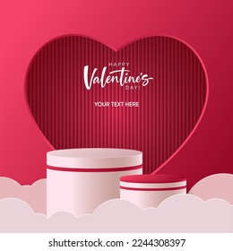 Realistisches rotes und rosafarbenes 3D-zylindrisches Podium mit herzförmigem Hintergrund für den Valentinstag. Valentinstag minimale Szene für Produkte präsentieren, Werbeausstellung. Plattformen für Vektor-Studios.