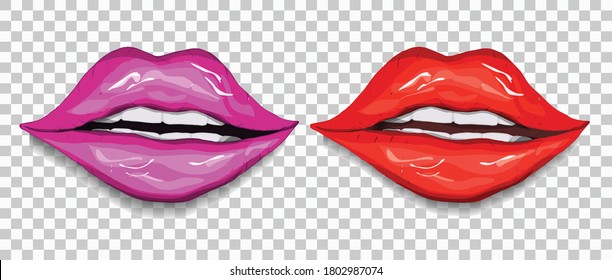 realistic, red, pink lips isolated on a transparent background. a woman's kiss, hand-drawn, in the style of doodles. lipstick gloss, vector illustration for printing, design your ideas.