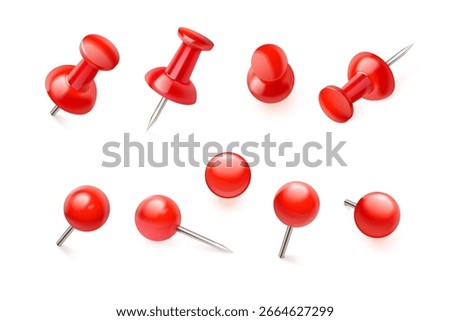 Realistic red pins. 3d push pin, thumbtack for cork board or paper map point pushpin thumb tack needle notes attach school office notice tag, set isolated exact vector illustration
