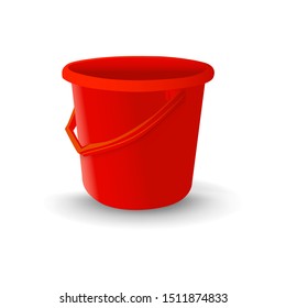 Realistic Red plastic bucket for washing food, water and drink. Household chores pail. Vector illustration