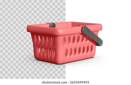 Realistic Red Plastic Shopping Basket With Black Handles. Vector Illustration Of Empty Retail Container For Supermarket, Grocery Store, Commerce Or Online Market Design.