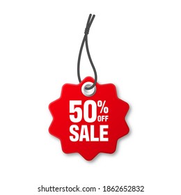 Realistic red price tag. Special offer or shopping discount label. Retail paper sticker. Promotional sale badge. Vector illustration.