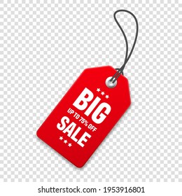 Realistic red price tag. Special offer or shopping discount label. Retail paper sticker. Promotional sale badge with text. Vector illustration.