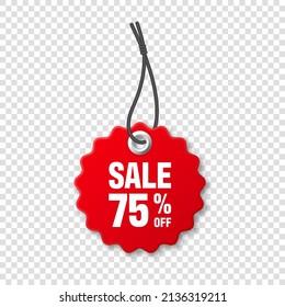 Realistic red price tag. Special offer or shopping discount label. Retail paper sticker. Promotional sale badge with text. Vector illustration.