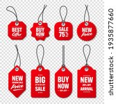 Realistic red price tags collection. Special offer or shopping discount label. Retail paper sticker. Promotional sale badge with text. Vector illustration.