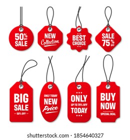 Realistic red price tags collection. Special offer or shopping discount label. Retail paper sticker. Promotional sale badge. Vector illustration.