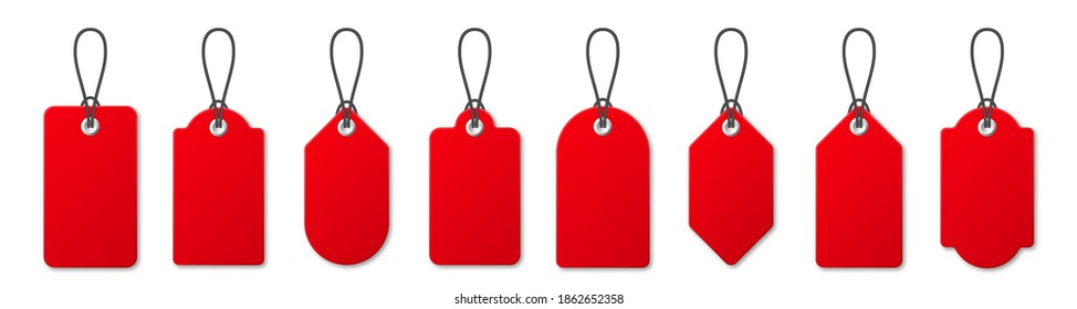 Realistic red price tags collection. Special offer or shopping discount label. Retail paper sticker. Promotional sale badge. Vector illustration.