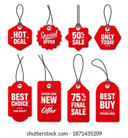 Realistic red price tags collection. Special offer or shopping discount label. Retail paper sticker. Promotional sale badge. Vector illustration.