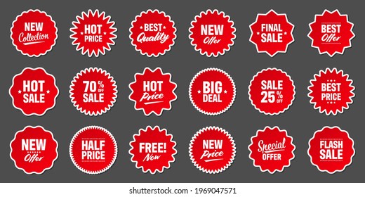 Realistic red price tags collection. Special offer or shopping discount label. Retail paper sticker. Promotional sale badge. Vector illustration.