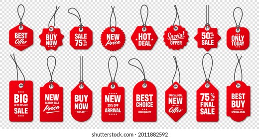 Realistic red price tags collection. Special offer or shopping discount label. Retail paper sticker. Promotional sale badge with text. Vector illustration.