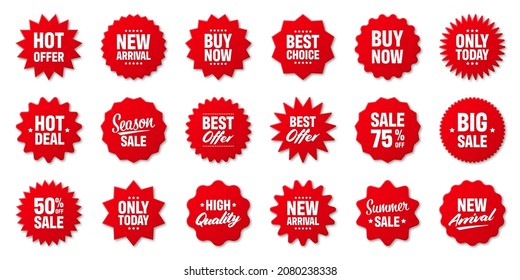 Realistic red price tags collection. Special offer or shopping discount label. Retail paper sticker. Promotional sale badge. Vector illustration.