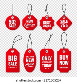 Realistic red price tags collection. Special offer or shopping discount label. Retail paper sticker. Promotional sale badge with text. Vector illustration.