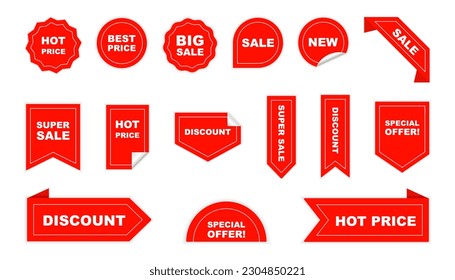 Realistic red price tags collection. Promotional sale badge with text. Special offer or shopping discount label. Vector set of adhesive stickers with a folded edges. Vector illustration