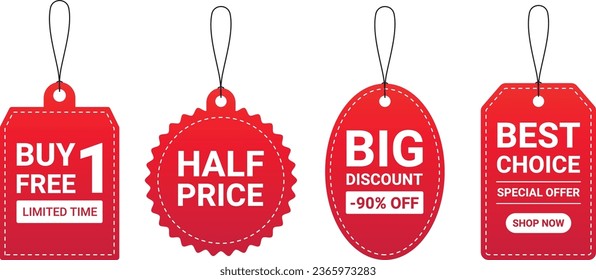 Realistic red price tags collection. Special offer or shopping discount label. Retail paper sticker. Promotional sale badge with text. Vector illustration.