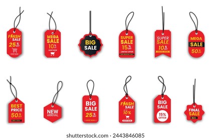 Realistic red price tags collection. Special offer or shopping discount label with shadow