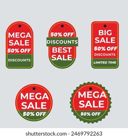 Realistic red price tags collection. Special offer or shopping discount label. Retail paper sticker. Promotional sale badge. Vector illustration.