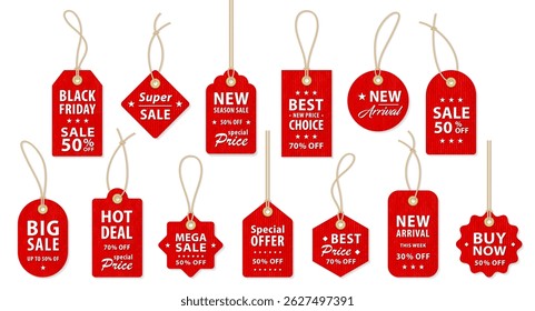 Realistic red price tags collection. Special offer or shopping discount label. Retail paper sticker. Promotional sale badge with text. Vector illustration