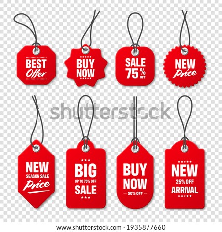 Realistic red price tags collection. Special offer or shopping discount label. Retail paper sticker. Promotional sale badge with text. Vector illustration.