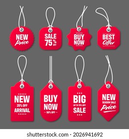 Realistic red price tags with white string on gray background. Special offer or shopping discount label. Retail paper sticker. Promotional sale badge. Vector illustration.