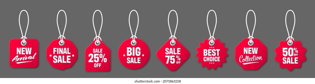 Realistic red price tags with white string on gray background. Special offer or shopping discount label. Retail paper sticker. Promotional sale badge. Vector illustration.