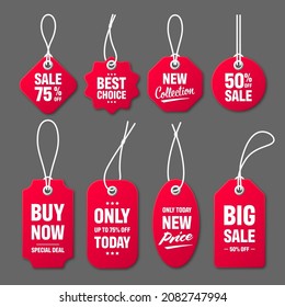 Realistic red price tags with white string on gray background. Special offer or shopping discount label. Retail paper sticker. Promotional sale badge. Vector illustration.