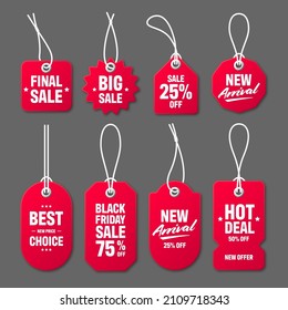 Realistic red price tags with white string on gray background. Special offer or shopping discount label. Retail paper sticker. Promotional sale badge. Vector illustration.