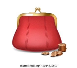 Realistic red purse with golden coins for money storage isolated on white background. Stylish female leather wallet or billfold icon. 3d vector illustration