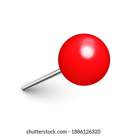 Realistic red push pin. Board tack isolated on white background. Plastic pushpin with needle. Vector illustration.