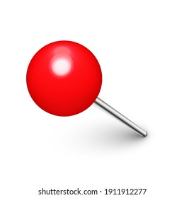 Realistic red push pin. Board tack isolated on white background. Plastic pushpin with needle. Vector illustration.