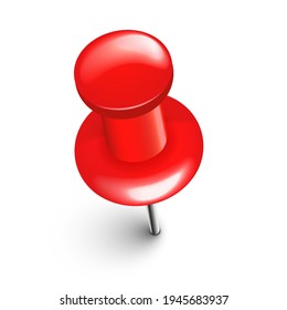 Realistic red push pin. Board tack isolated on white background. Plastic pushpin with needle. Vector illustration.