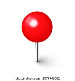 Realistic red push pin. Board tack isolated on white background. Plastic pushpin with needle. Vector illustration.