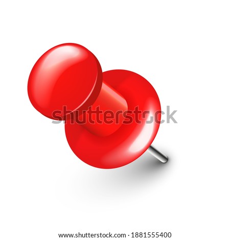 Realistic red push pin. Board tack isolated on white background. Plastic pushpin with needle. Vector illustration.