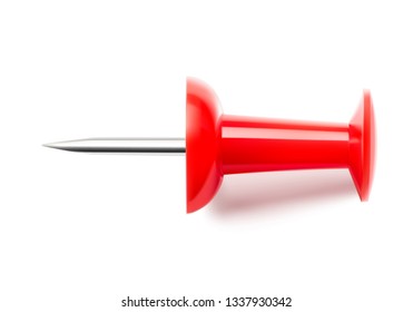 Realistic red push pin thumbtack with realistic shadow isolated on white background. Side view. Vector illustration ready for your design. EPS10.