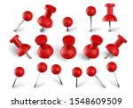 Realistic red push pins. Attach buttons on needles, pinned office thumbtack and paper push pin vector set. Stationery items. Paperwork equipment. Collection of secretary accessories on white