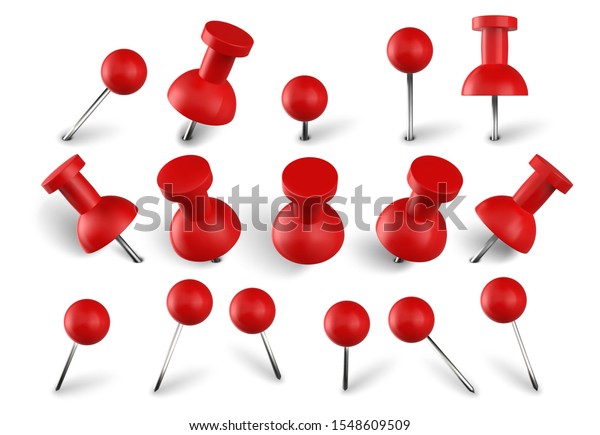 Realistic red push pins. Attach buttons on needles,
pinned office thumbtack and paper push pin vector set. Stationery
items. Paperwork equipment. Collection of secretary accessories on
white