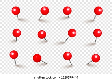 Realistic red push pins. Board tacks isolated on transparent background. Plastic pushpin with needle. Vector illustration.